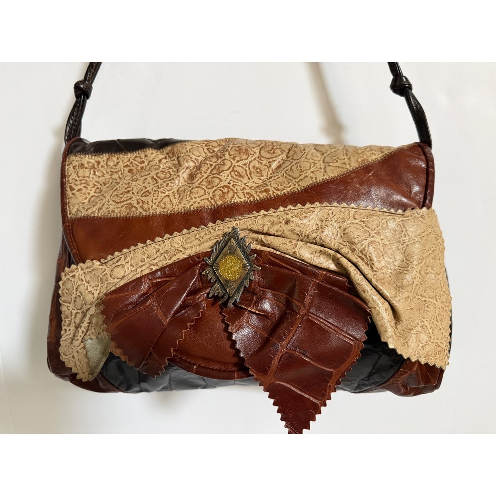 Vintage 1980's Reem Patchwork Leather Crossbody Bag Brown Tan Croc Embossed Bow